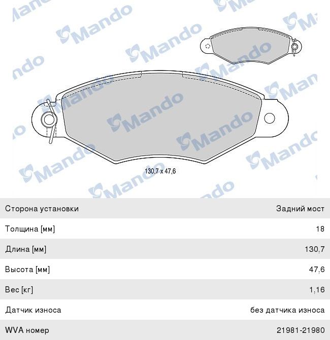 Изображение 1, MBF015129 Колодки тормозные RENAULT Kangoo (97-09) передние (4шт.) MANDO